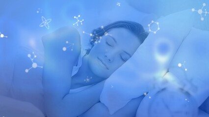 Woman is sleeping on side in flat design sleep science bedroom with molecular bonds and clock