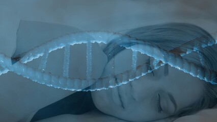 Sleeping woman is lying on side in vector bedroom, with glowing DNA helix for health tech