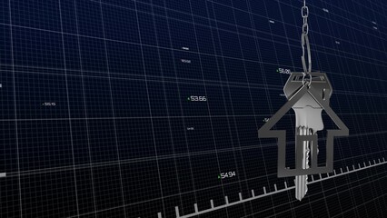 Flat-design house keyring with silver key is floating over blue grid, with finance data overlay