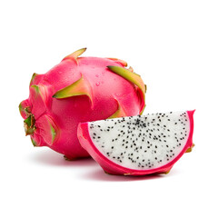 Whole pink dragon fruit or pitaya with slice showing white flesh and seeds isolated on white background, exotic tropical food.
