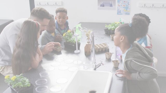 Teacher and students are planting seedlings on lab bench with seed trays in flat design education