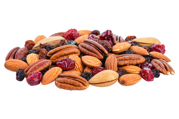 Heap of mixed nuts and dried cranberries including almonds and pecans isolated on transparent background, healthy energy snack.