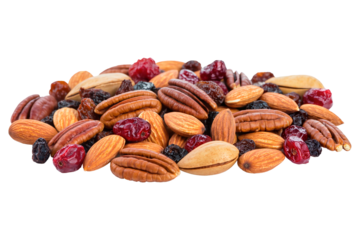 Heap of mixed nuts and dried cranberries including almonds and pecans isolated on transparent background, healthy energy snack.