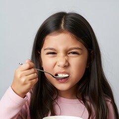 Young girl makes a funny face while eating cereal