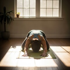 Woman performs wide legged forward fold yoga pose indoors near window