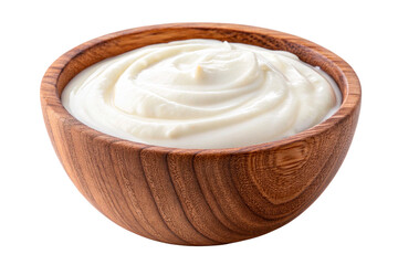 Bowl of fresh plain white greek yogurt or sour cream in wooden dish isolated on transparent background, healthy dairy breakfast.