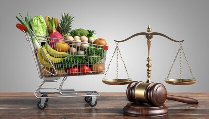 Food Law and Justice: A full shopping cart of fresh produce stands beside a balance scale and gavel, symbolizing the laws and ethics of food, representing food safety and fair practices.