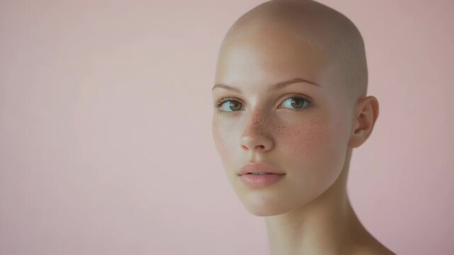 Beautiful young woman with a shaved head and freckles looking at the camera. Portrait of a cancer patient or survivor showing strength
