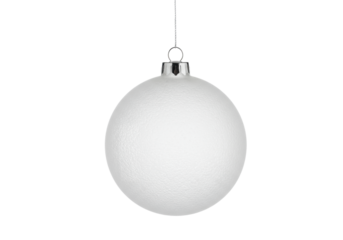 Perfectly suspended frosted glass bauble with polished chrome cap. Macro studio product photography, isolated on transparent background. Blank holiday design template concept