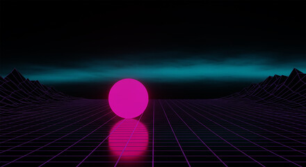 Abstract Synth wave Retro Landscape with Glowing Pink Sphere and Neon Grid
