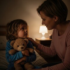 Mother comforts child with teddy bear at bedtime