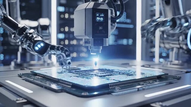 Advanced robotic arm meticulously assembling intricate circuit board in futuristic factory