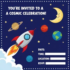 Cosmic celebration rocket invitation with planets and moon