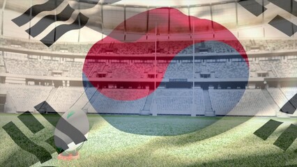 Cartoon soccer ball is standing on turf in flat design stadium with South Korea flag overlay