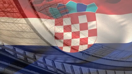 Naklejka premium Croatian flag overlaying flat design stadium interior featuring steel trusses and seats for sports
