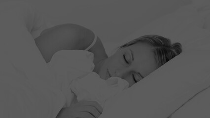 Adult female sleeping on white bed with pillow and blanket in flat design health illustration