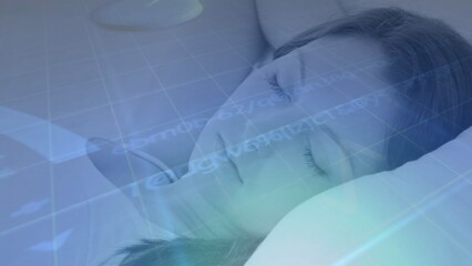 Sleeping woman is lying on pillow in flat design, showing grid and code overlay for health