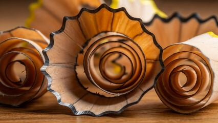 Close-up of curled pencil shavings – symbol of simplicity and elegance in creation