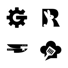 Logo set vector icons: Gear G, rabbit R, kitchen knives, and chef hat with spatula design elements