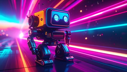 Fototapeta premium Cute robot, boxy head, large eyes, against a vibrant background of blurring neon lights and dark floor reflection