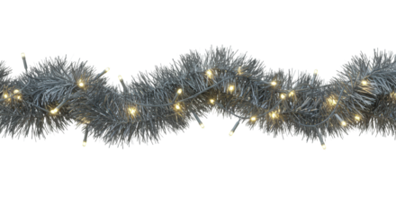 Ultra-photorealistic macro shot of a dense, intricately woven silver tinsel christmas garland, isolated on a white background, decorated with glowing cool white led fairy lights, strong volumetric