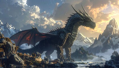Dramatic scene of a black dragon surveying a snow-capped mountainous landscape at sunset. Dramatic lighting