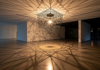 A unique geometric light sculpture creates intricate shadow patterns in an empty gallery room