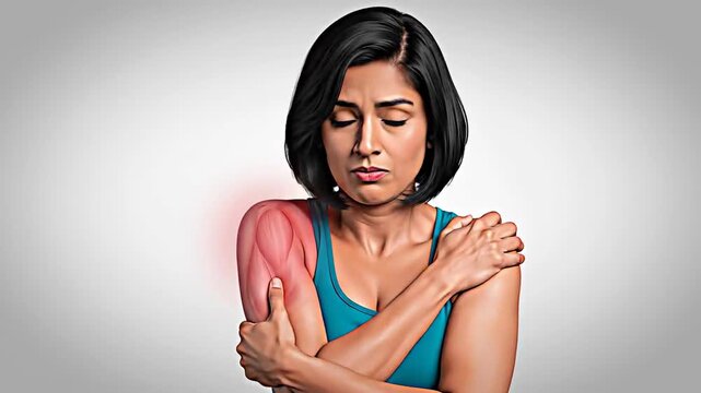 Woman Suffering Shoulder Pain, Showing Redness and Discomfort on Grey Background