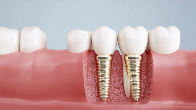 A dental implant: a titanium screw anchored in the jawbone replacing a missing tooth beside natural teeth.