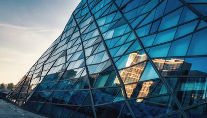 Geometric Marvel: Modern architecture showcased in the triangular glass facade of a contemporary building, where sky and surrounding buildings mirror in a dance of reflections.