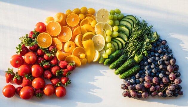 Rainbow of Flavors: A vibrant array of fresh fruits and vegetables artfully arranged in a rainbow, offering a colorful and appetizing display of nature's bounty and promoting healthy eating habits.