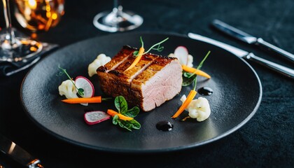 Gourmet Dish: Exquisite culinary presentation showcasing a perfectly cooked piece of meat, complemented by colorful vegetables and artful arrangement on a stylish plate.