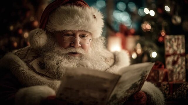 Magical santa claus sitting by the christmas tree and reading a book of stories. Cozy and warm holiday atmosphere on christmas eve