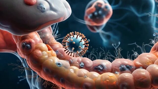 Hepatitis A virus entering the human body through the digestive tract, passing through the intestinal barrier to invade liver cells and start replication