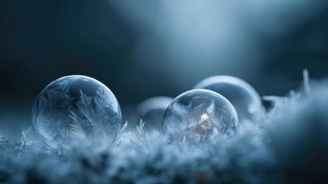 Close-up of frosty bubbles resting on ice among delicate ice crystals.