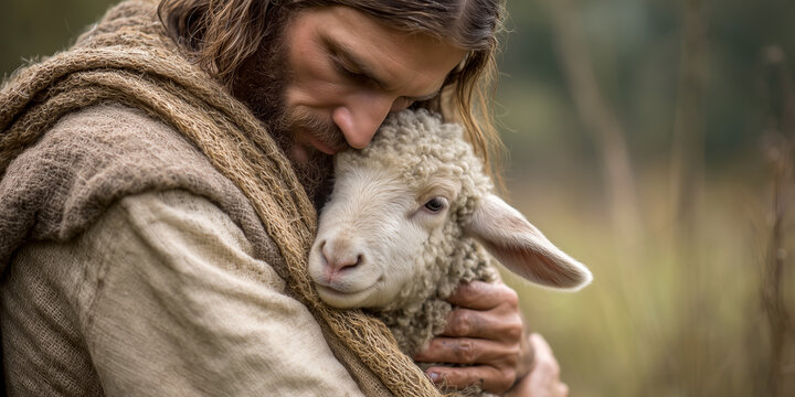 Close-up, portrait of Jesus Christ hugging the lost sheep, Christian symbol. Jesus is the good shepherd willing to give his life for his flock of sheep which represents all humanity. Generative Ai.
