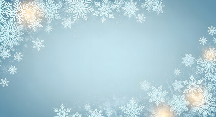 Abstract winter background with white snowflakes border and soft light blue gradient copy space for christmas and new year design