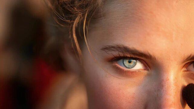 A close-up of a person&rsquo;s blue eye with freckles and partial face framed by light hair.