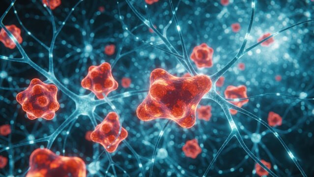 Neural network glowing with floating red molecules showing cell activity science concept body stiffness rare disease