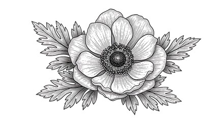 Detailed botanical engraving drawing depicts a single blooming flower surrounded by foliage