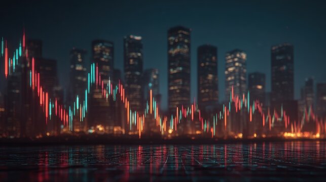 Trading charts illuminated by city lights reflect market movements at night in a bustling financial district - Powered by Adobe