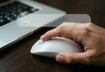Close-up of hand using computer mouse with virtual search engine bar. Concept for smart search, machine learning, SEO, data query, and digital transformation