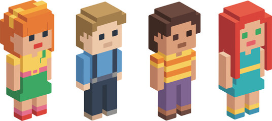Set of four colorful isometric voxel art block characters, pixelated 3D people standing in different clothes, digital game mascot vector collection