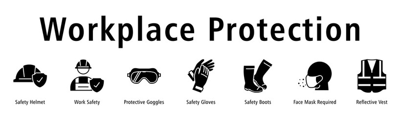 Workplace Protection banner with Safety Helmet, Work Safety, Goggles, Gloves, Boots, Mask Requirement, and Reflective Vest.