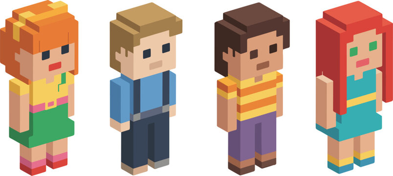 Set of four colorful isometric voxel art block characters, pixelated 3D people standing in different clothes, digital game mascot vector collection