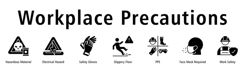 Workplace Precautions banner including Hazardous Material, Electrical Hazard, Gloves, Slippery Floor, PPE, Mask Requirement, and Work Safety.