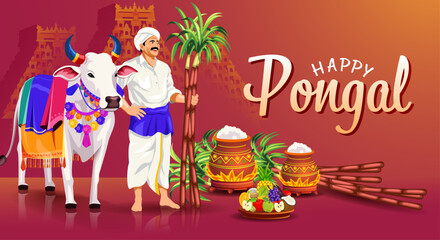 Pongal Festival Illustration with Indian Man, Decorated Cow, Clay Pot, Sugarcane, and Traditional Harvest Setup. Indian Harvest Festival Poster Design Vector Illustration 