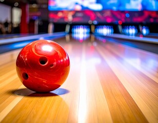 빛나는 나무 레인 위의 빨간 볼링공 Red Bowling Ball on Shiny Wooden Lane