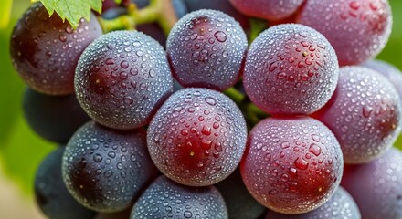 Close up of ripe red grapes covered in water droplets on a vine.