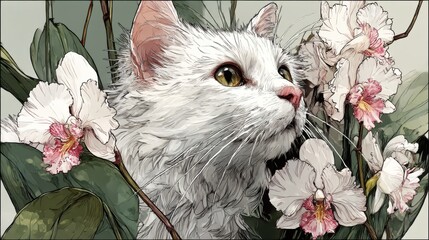 White cat surrounded by blooming orchids in a serene garden setting during springtime afternoon